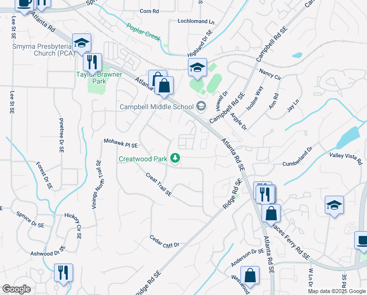 map of restaurants, bars, coffee shops, grocery stores, and more near 3382 Vintage Circle Southeast in Smyrna