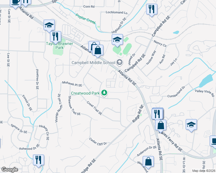map of restaurants, bars, coffee shops, grocery stores, and more near 3388 Vintage Circle Southeast in Smyrna