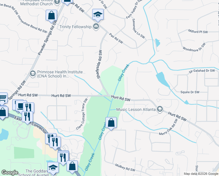 map of restaurants, bars, coffee shops, grocery stores, and more near 2040 Hurt Road Southwest in Marietta
