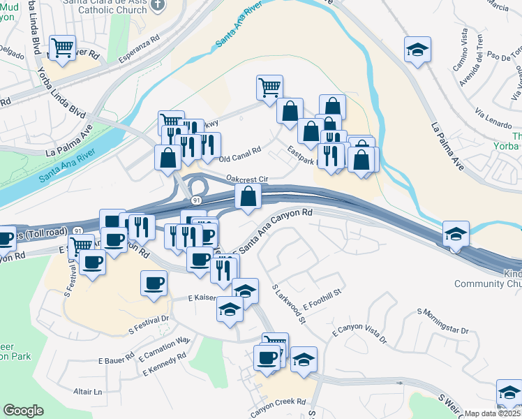 map of restaurants, bars, coffee shops, grocery stores, and more near 160 North Riverview Drive in Anaheim