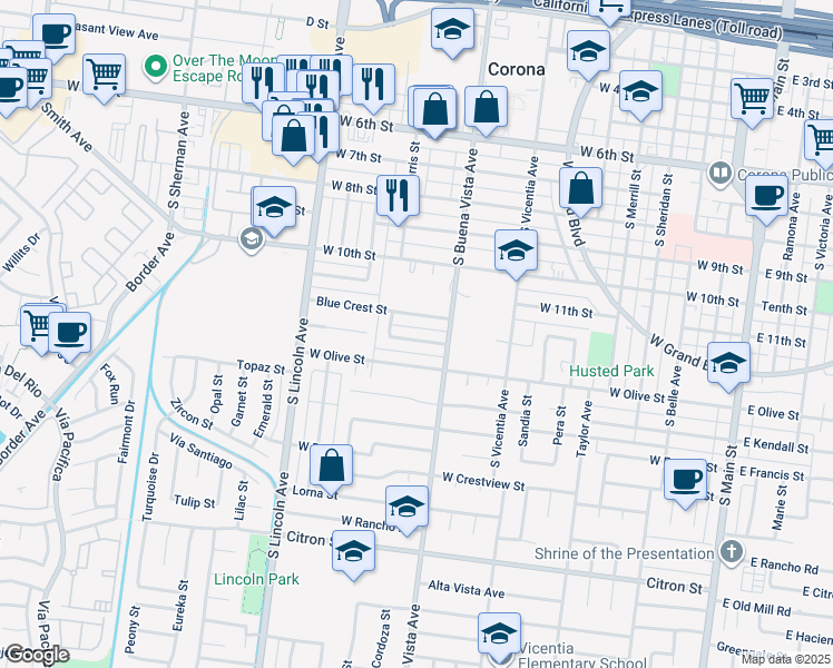 map of restaurants, bars, coffee shops, grocery stores, and more near 927 Alta Loma Drive in Corona