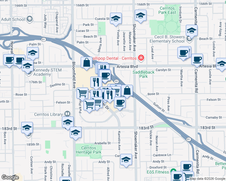 map of restaurants, bars, coffee shops, grocery stores, and more near 12821 Towne Center Drive in Cerritos