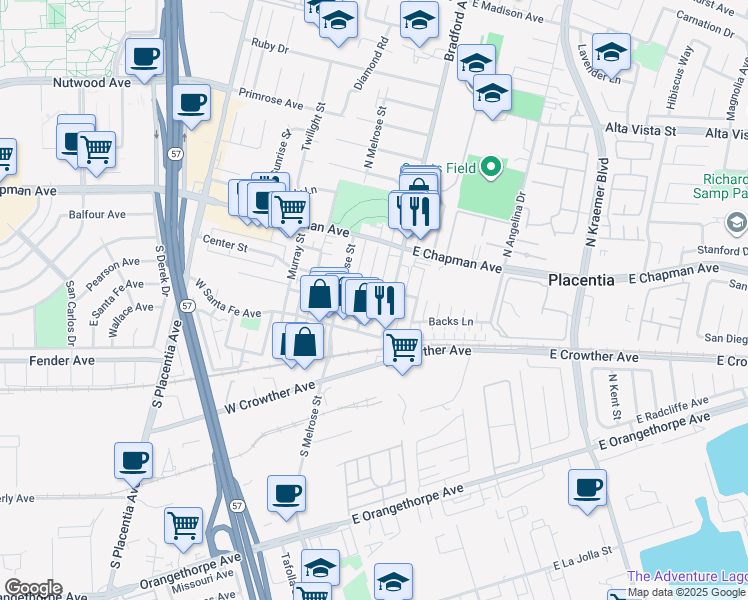map of restaurants, bars, coffee shops, grocery stores, and more near 211 South Bradford Avenue in Placentia