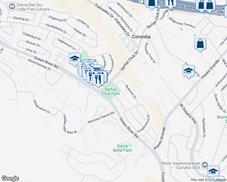 map of restaurants, bars, coffee shops, grocery stores, and more near 2575 Green River Road in Corona