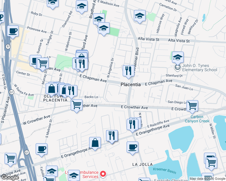 map of restaurants, bars, coffee shops, grocery stores, and more near 158 Kauai Lane in Placentia