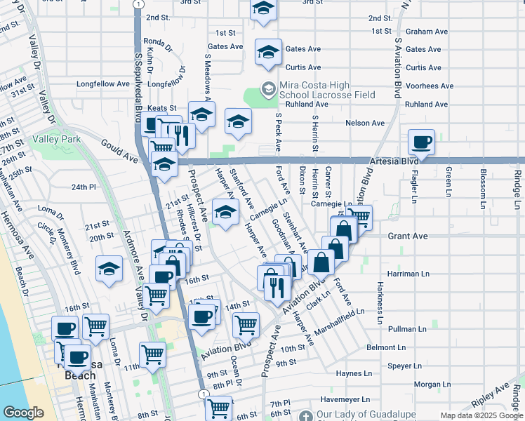 map of restaurants, bars, coffee shops, grocery stores, and more near 1701 Goodman Avenue in Redondo Beach