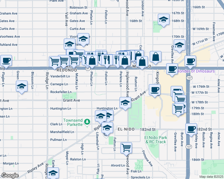 map of restaurants, bars, coffee shops, grocery stores, and more near 2609 Rockefeller Lane in Redondo Beach