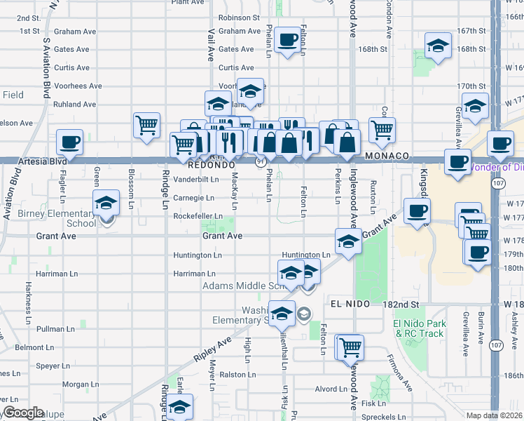 map of restaurants, bars, coffee shops, grocery stores, and more near 2419 Rockefeller Lane in Redondo Beach