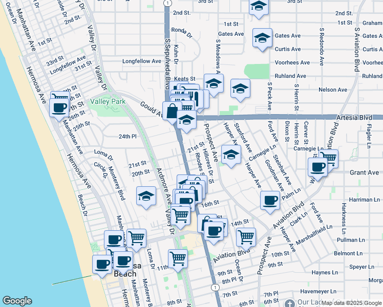 map of restaurants, bars, coffee shops, grocery stores, and more near 849 20th Street in Hermosa Beach