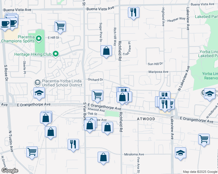 map of restaurants, bars, coffee shops, grocery stores, and more near 1725 Truman Circle in Placentia