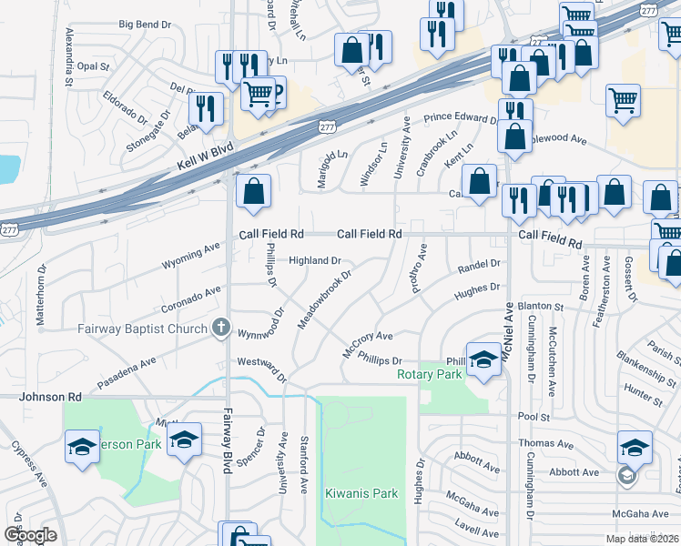 map of restaurants, bars, coffee shops, grocery stores, and more near 4204 Meadowbrook Drive in Wichita Falls