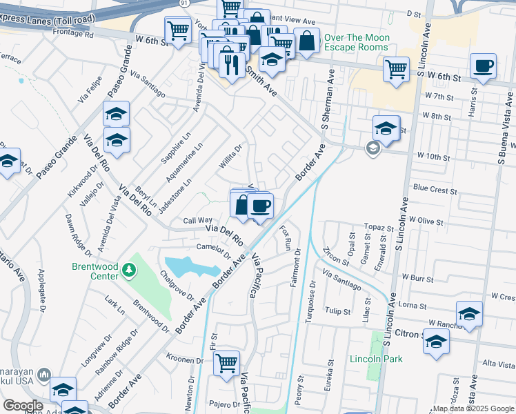 map of restaurants, bars, coffee shops, grocery stores, and more near 1313 Vía Santiago in Corona