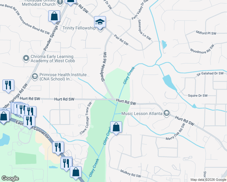 map of restaurants, bars, coffee shops, grocery stores, and more near 2040 Hurt Road Southwest in Marietta