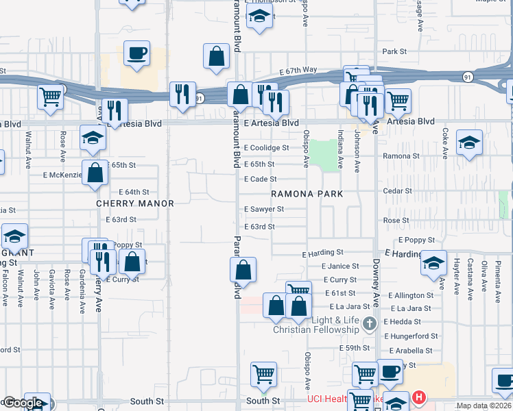 map of restaurants, bars, coffee shops, grocery stores, and more near 2907 East Sawyer Street in Long Beach