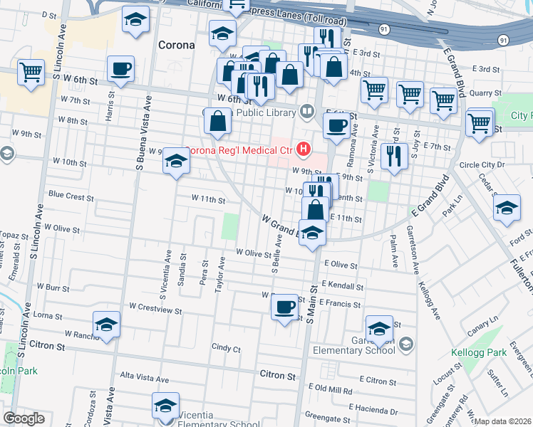 map of restaurants, bars, coffee shops, grocery stores, and more near 1107 West Grand Boulevard in Corona