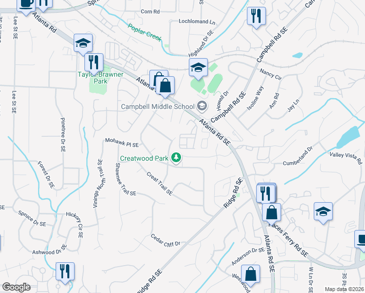 map of restaurants, bars, coffee shops, grocery stores, and more near 3388 Vintage Circle Southeast in Smyrna