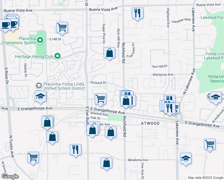 map of restaurants, bars, coffee shops, grocery stores, and more near 1725 Truman Circle in Placentia