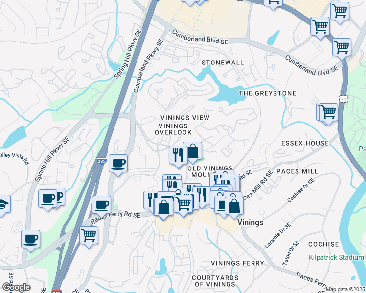 map of restaurants, bars, coffee shops, grocery stores, and more near 2955 Seven Pines Lane in Atlanta