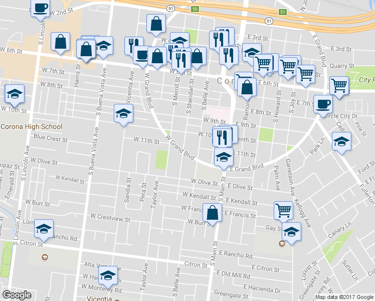 map of restaurants, bars, coffee shops, grocery stores, and more near 1107 West Grand Boulevard in Corona