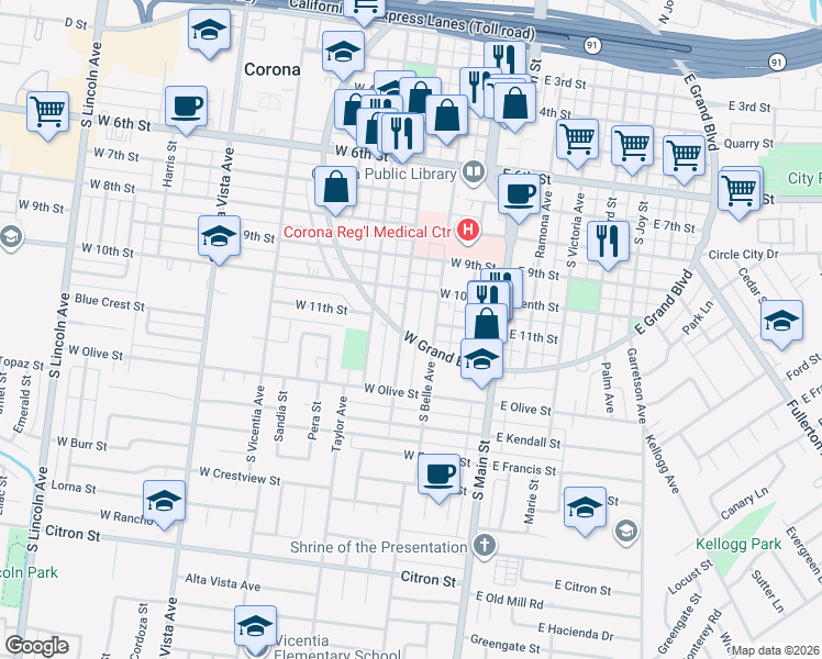 map of restaurants, bars, coffee shops, grocery stores, and more near 1114 South Belle Avenue in Corona