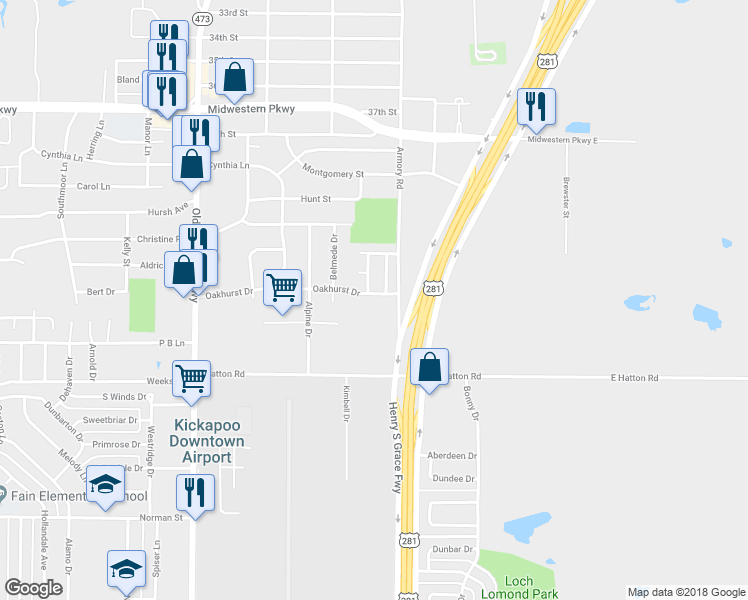 map of restaurants, bars, coffee shops, grocery stores, and more near 1211 Oakhurst Drive in Wichita Falls