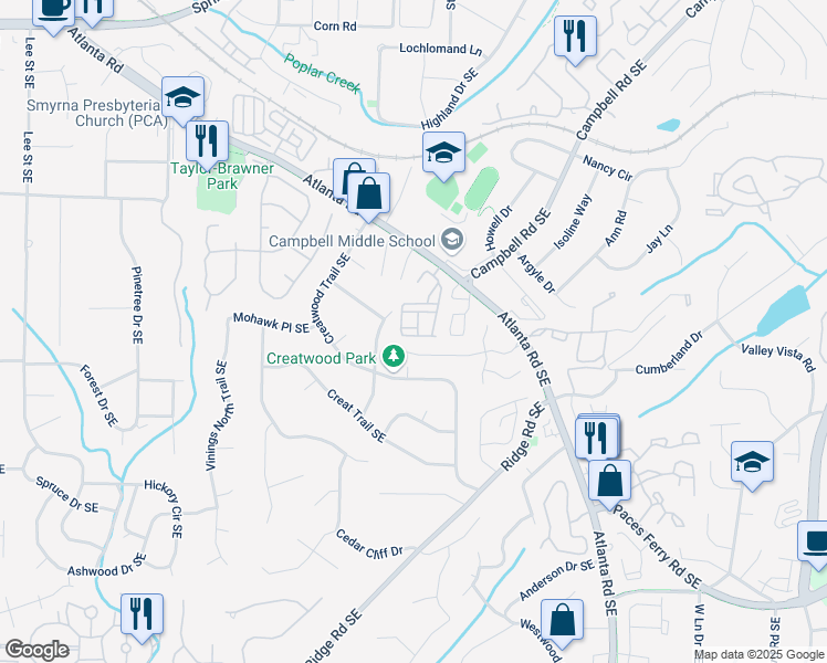 map of restaurants, bars, coffee shops, grocery stores, and more near 3382 Vintage Circle Southeast in Smyrna