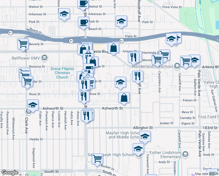 map of restaurants, bars, coffee shops, grocery stores, and more near Cedar Street in Bellflower