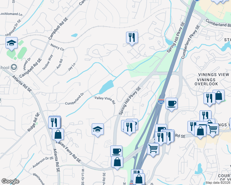 map of restaurants, bars, coffee shops, grocery stores, and more near 3420 Spring Hill Parkway Southeast in Smyrna