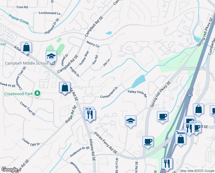 map of restaurants, bars, coffee shops, grocery stores, and more near 2181 Cumberland Drive in Smyrna