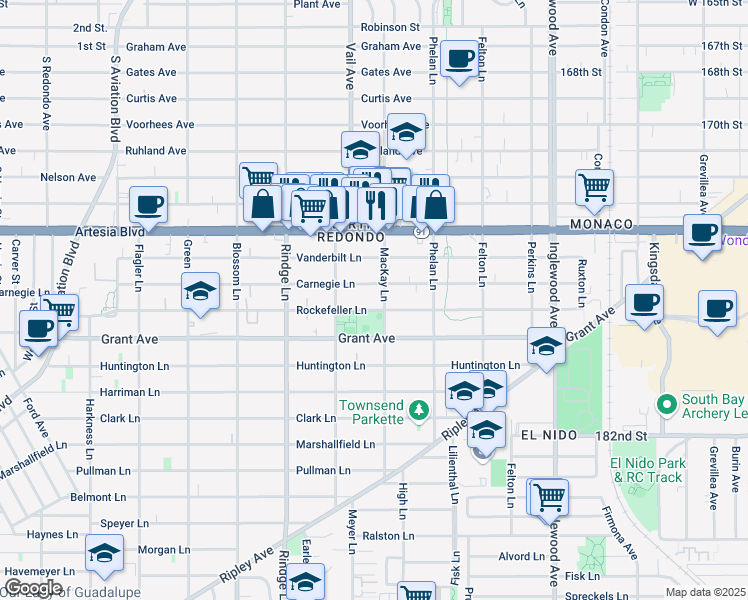 map of restaurants, bars, coffee shops, grocery stores, and more near 2313 Rockefeller Lane in Redondo Beach