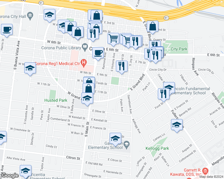 map of restaurants, bars, coffee shops, grocery stores, and more near 1018 South Howard Street in Corona