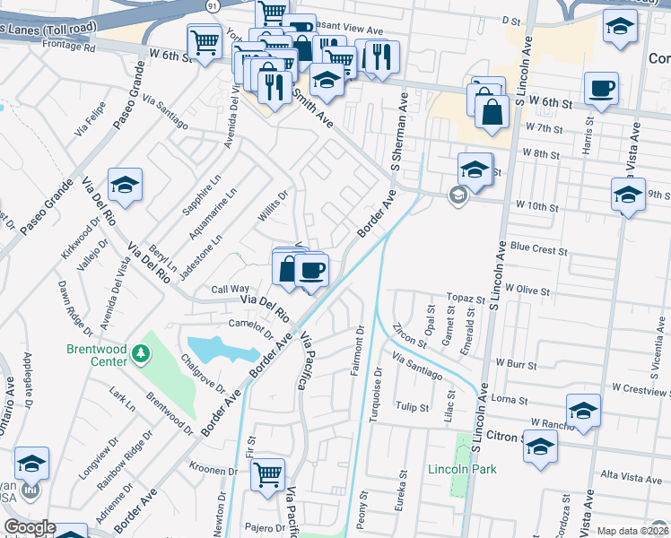 map of restaurants, bars, coffee shops, grocery stores, and more near 1186 Border Avenue in Corona
