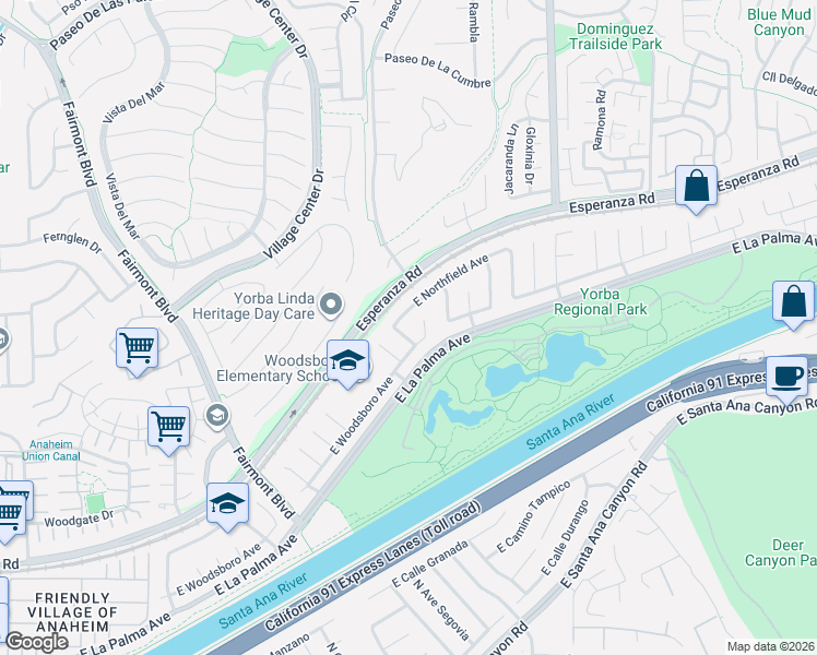map of restaurants, bars, coffee shops, grocery stores, and more near 1210 North Dolores Street in Anaheim