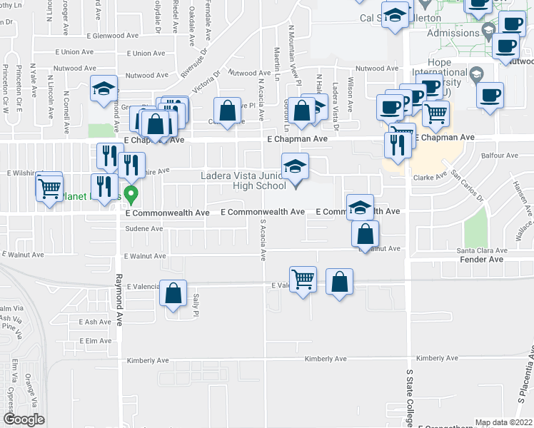 map of restaurants, bars, coffee shops, grocery stores, and more near 109 South Acacia Avenue in Fullerton