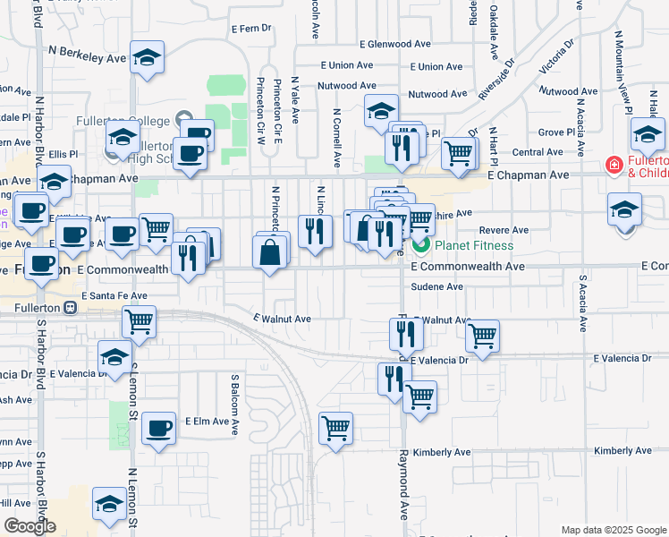 map of restaurants, bars, coffee shops, grocery stores, and more near 110 Linwood Place in Fullerton