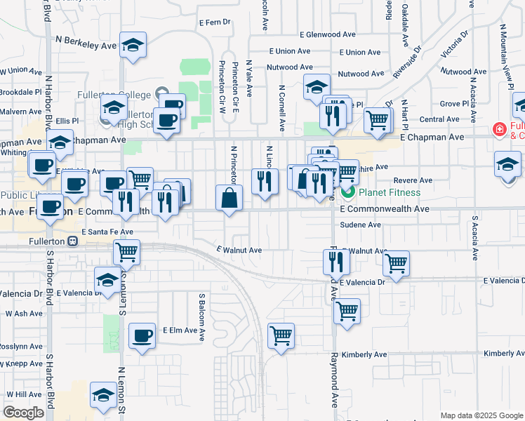 map of restaurants, bars, coffee shops, grocery stores, and more near 110 South Yale Avenue in Fullerton