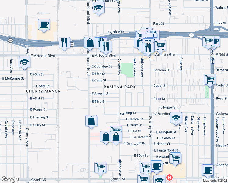map of restaurants, bars, coffee shops, grocery stores, and more near 3114 East Sawyer Street in Long Beach