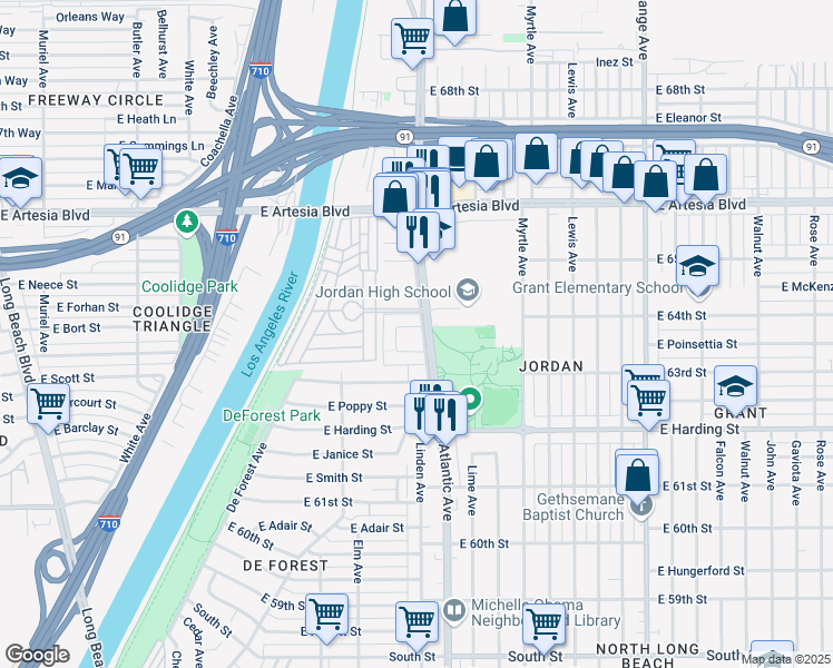 map of restaurants, bars, coffee shops, grocery stores, and more near 535 East Adams Street in Long Beach