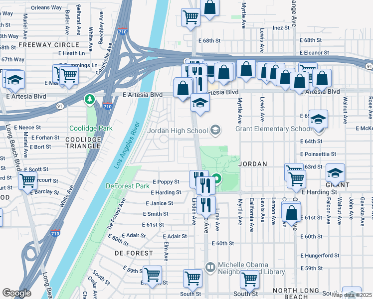 map of restaurants, bars, coffee shops, grocery stores, and more near 535 East Adams Street in Long Beach