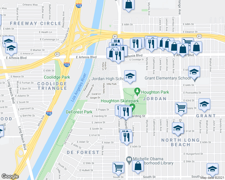 map of restaurants, bars, coffee shops, grocery stores, and more near 535 East Adams Street in Long Beach