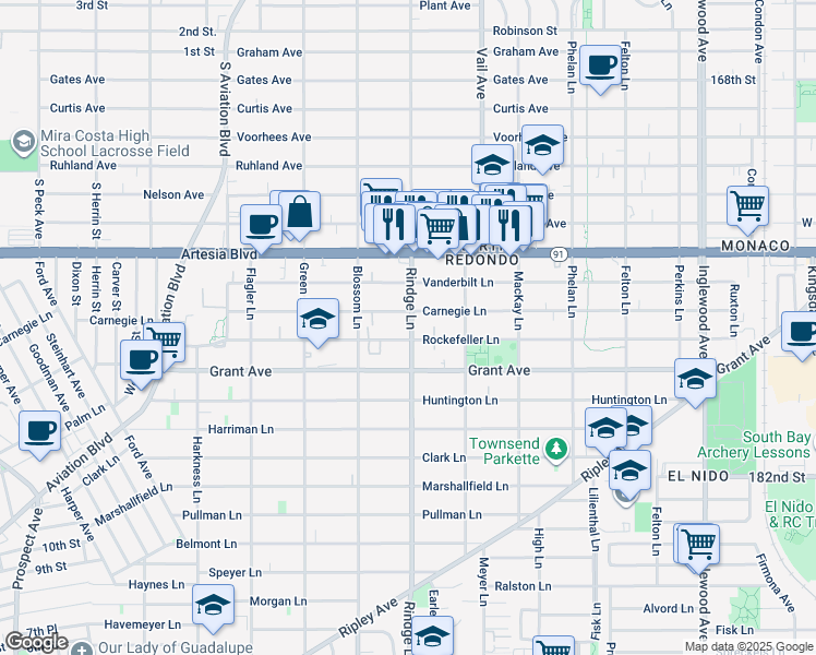map of restaurants, bars, coffee shops, grocery stores, and more near 2200 Rockefeller Lane in Redondo Beach