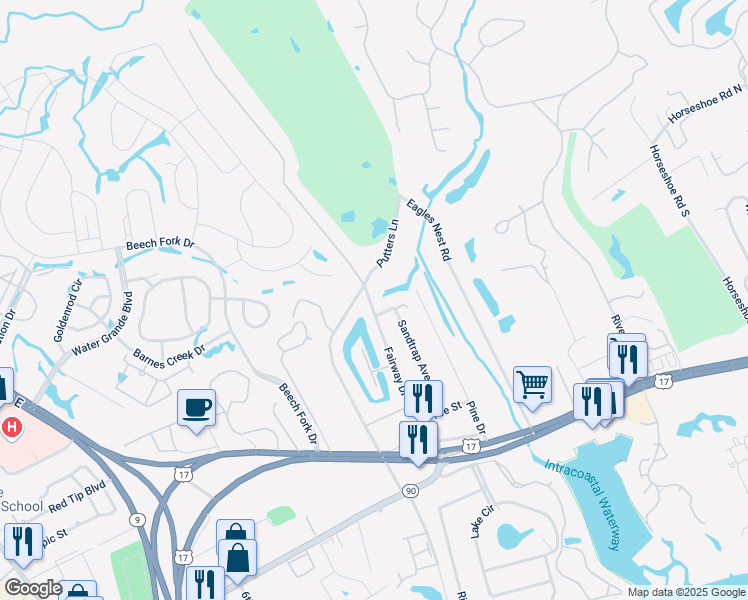 map of restaurants, bars, coffee shops, grocery stores, and more near 4047 Fairway Drive in Little River
