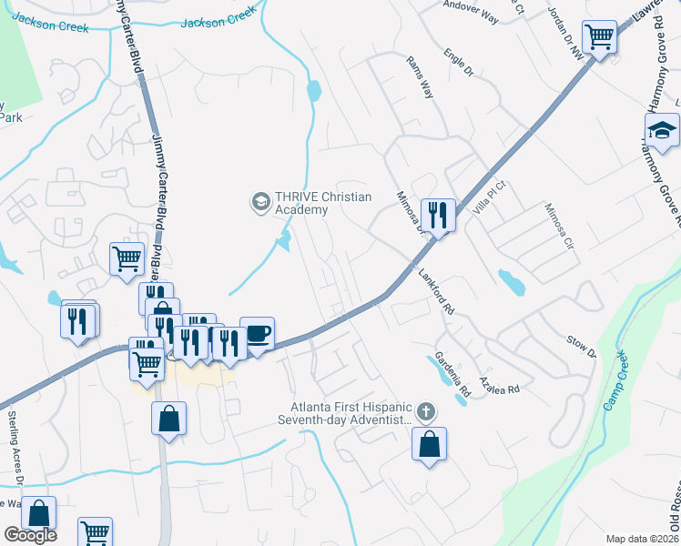 map of restaurants, bars, coffee shops, grocery stores, and more near 249 Braxton Place in Tucker