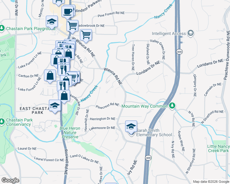 map of restaurants, bars, coffee shops, grocery stores, and more near 406 Pinecrest Road Northeast in Atlanta