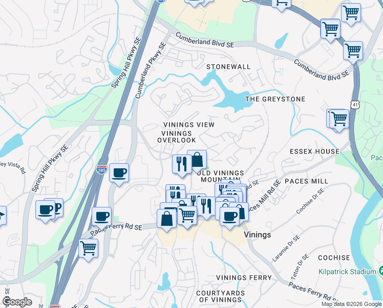 map of restaurants, bars, coffee shops, grocery stores, and more near 3005 Seven Pines Lane in Atlanta