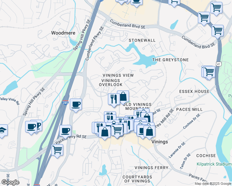 map of restaurants, bars, coffee shops, grocery stores, and more near 2808 Mount Wilkinson Parkway Southeast in Atlanta