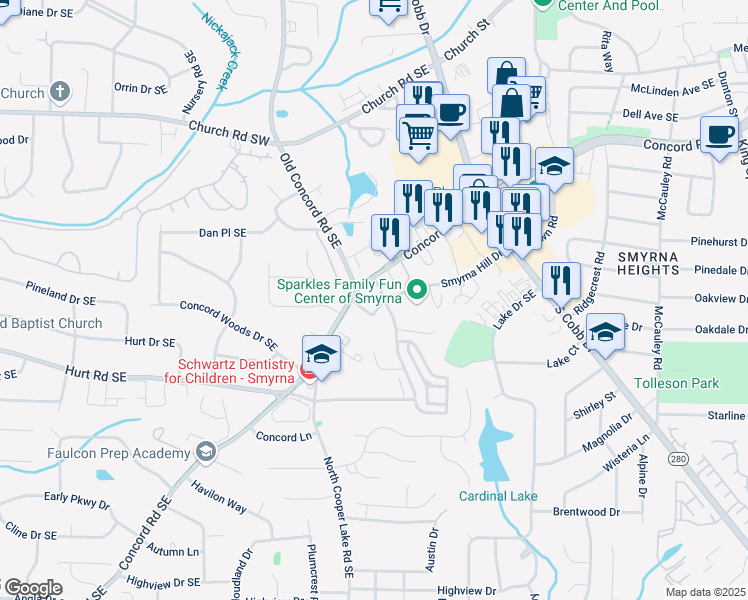 map of restaurants, bars, coffee shops, grocery stores, and more near 629 Dunton Circle Southeast in Smyrna