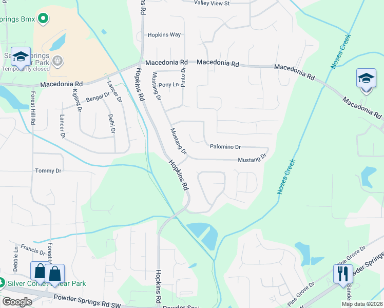 map of restaurants, bars, coffee shops, grocery stores, and more near 3420 Mustang Drive in Powder Springs