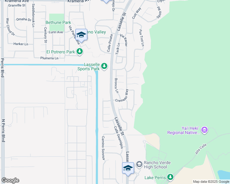 map of restaurants, bars, coffee shops, grocery stores, and more near 17271 Bronco Lane in Moreno Valley