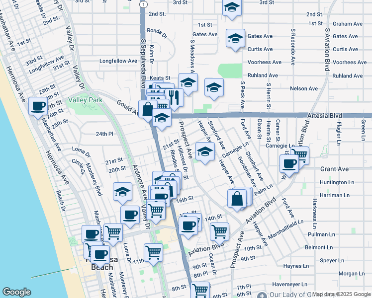 map of restaurants, bars, coffee shops, grocery stores, and more near 2025 Prospect Avenue in Hermosa Beach